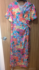Multicolour Floral Chiffon Wrap Dress Cap Sleeve V-Neck Midi Size L