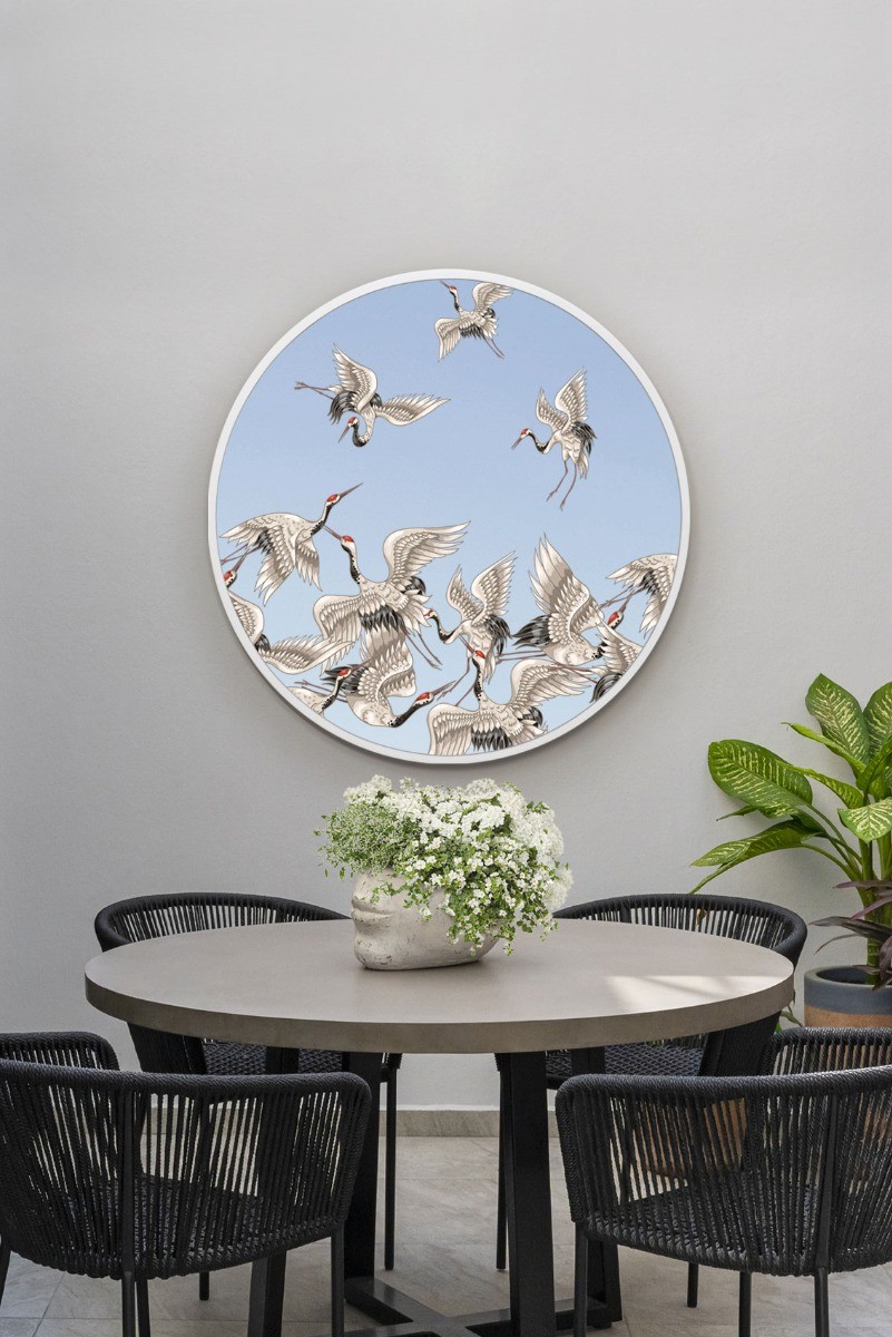 The Typis - Large White Round Metal Stork Décor Garden Mirror - 31""x31"" 80x80cm