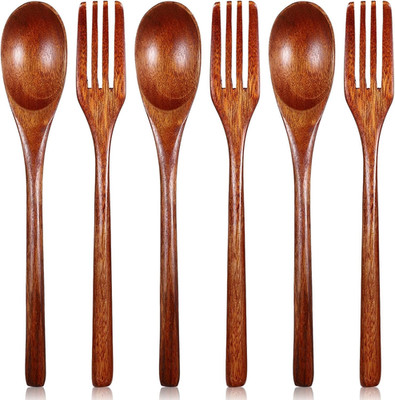 6 Pcs Wooden Spoon and Fork for Eating Utensil Set Reusable Kitchen Wood Dinner