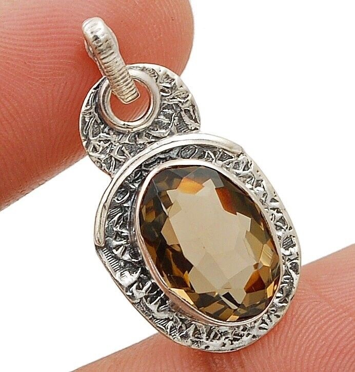 5CT Natural Smoky Topaz 925 Solid Silver Pendant Jewelry 1 1/4" Long @9-1