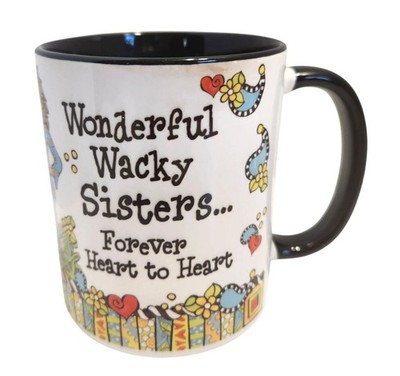 Wonderful Wacky Sisters Ceramic Mug Heartfelt Design Black & White Suzy Toranto