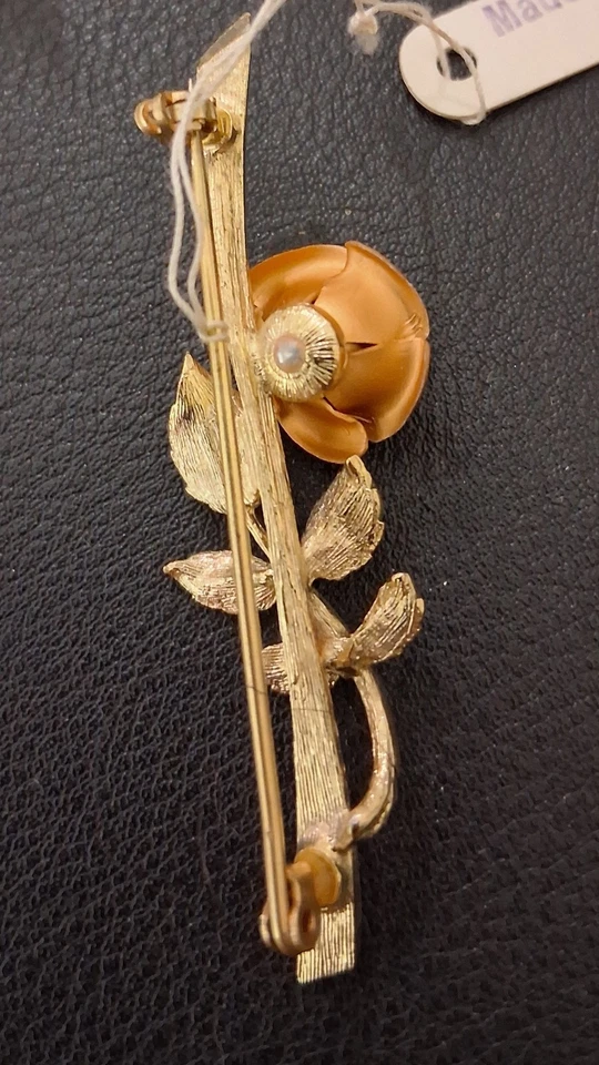 New Old Stock Vintage 50’s GERMAN Peach Rose Textured Gold Brooch Pin By Tropic - Image 2 of 2