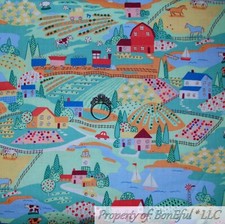 BonEful Fabric FQ Cotton Quilt Green Blue Scenic Farm Cow Horse Sheep Farm House