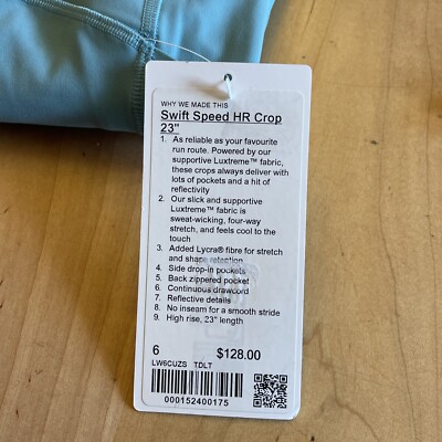 Lululemon Swift Speed HR CROP 23” With Pockets Tidal Teal Size 6