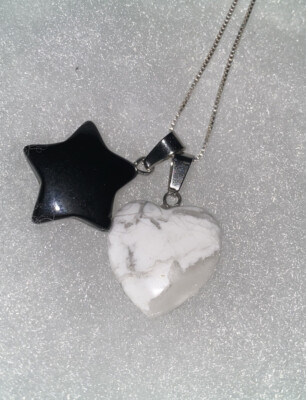 Howlite Heart and onyx Star Boho Hippie Sterling Silver Necklace 16”