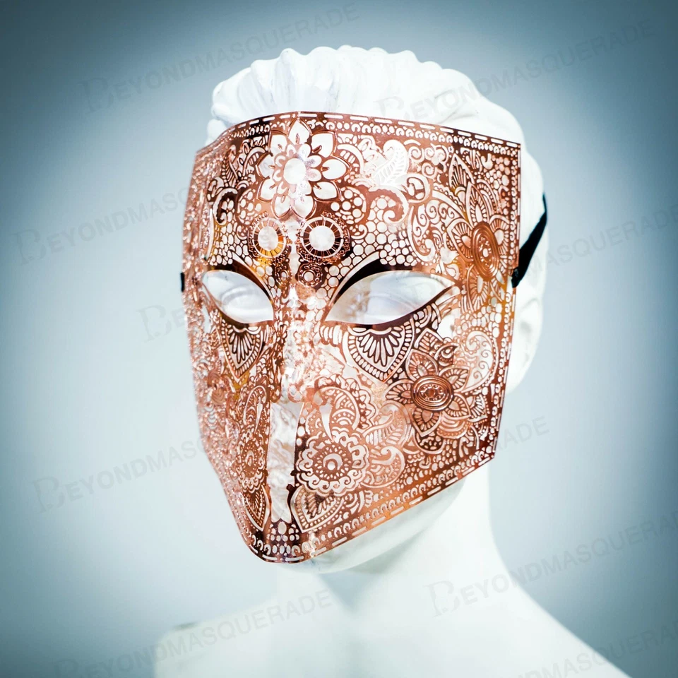 Mens Metal Bauta Venetian Laser-Cut Filigree Metal Masquerade Mask [Rose Gold] - Image 3 of 3