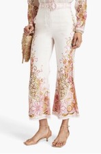 ZIMMERMANN LAUREL Floral Printed Linen CROPPED Belted FLARE Pink Dress PANTS