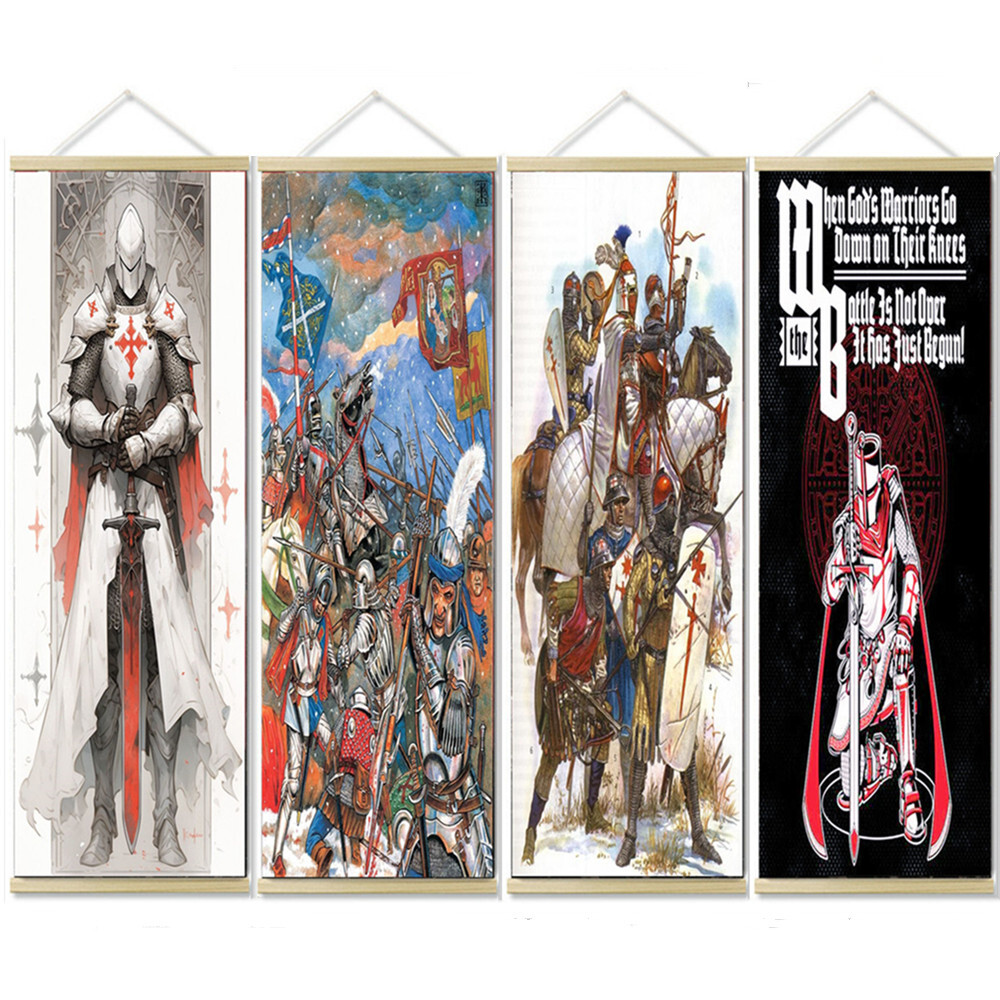 Vintage Templar Knight Wall Art Poster Scroll Painting Room Decor Banner 4 PCS