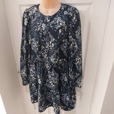 M&S navy floral long sleeve day crinkle dress 12  boho festival patchwork 
