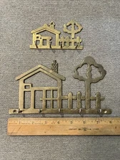 2 Vintage Solid Brass 4 & 5-Hook House Tree & Fence Wall Key Holder. 8” & 4.5”