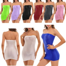 Women's Semi See-through Glossy Bodycon Dress Strapless Sexy Mini Dress Clubwear