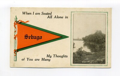 Sebago ME antique pennant postcard, from L. D. Whitney, ''Hollyday Greetings''