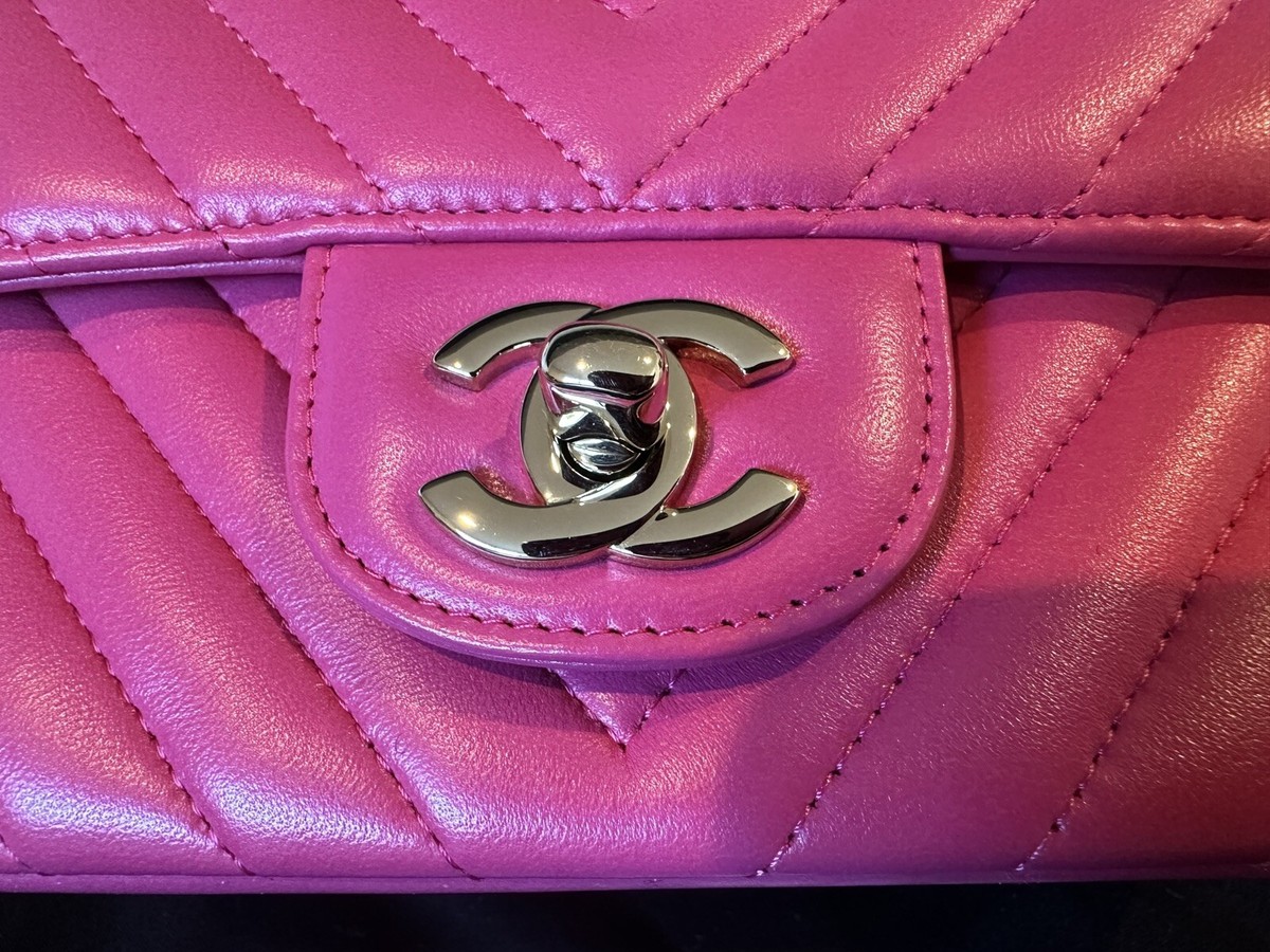 Chanel Mini Square Flap 17S Fuchsia Pink Chevron Lambskin Light