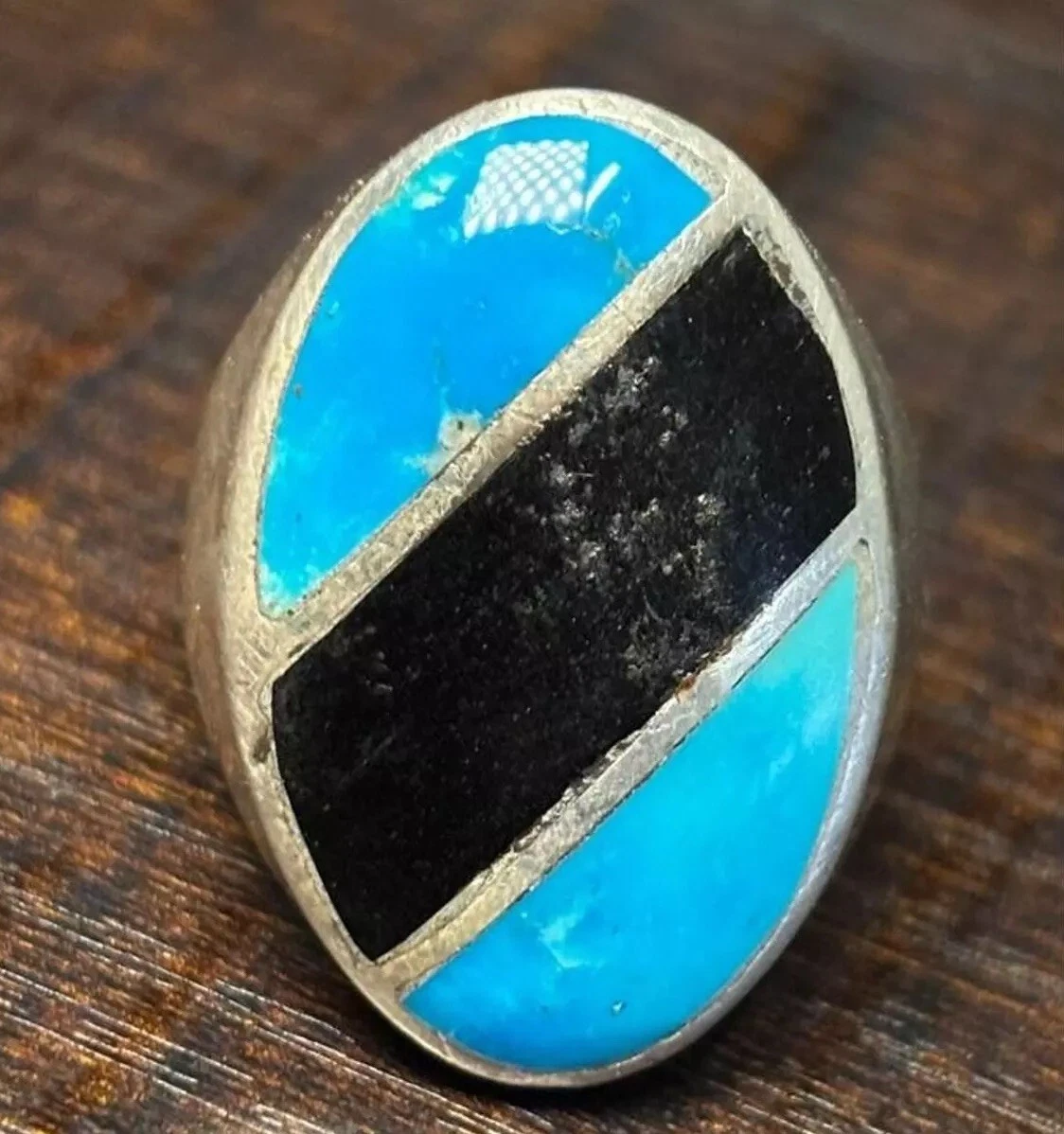 Vintage Navajo Sterling Silver Ring w  Turquoise & Onyx Gemstones