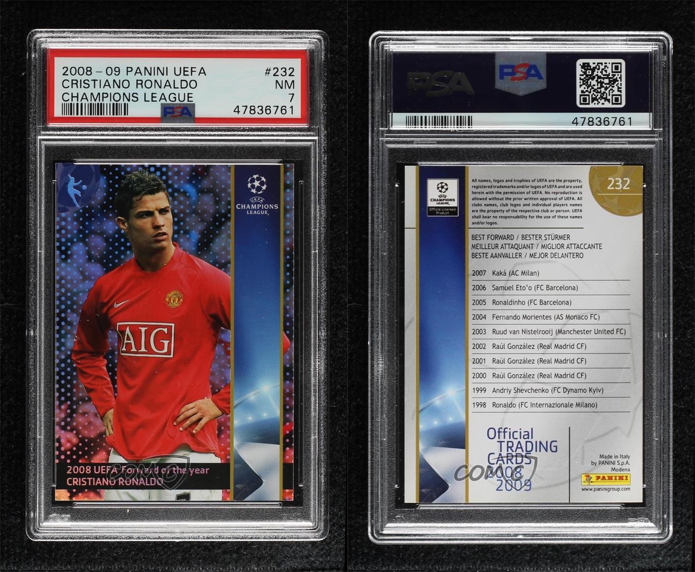 2008-09 Panini UEFA Champions League Official Cristiano Ronaldo #232 PSA 7 s6t view 3