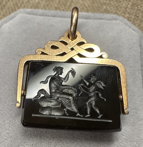 Antique Victorian Spinning Intaglio Cameo Eros & "W" Onyx 14k Rose Gold