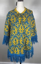 Vintage 70s Handmade Blue Yellow Hand Made Fringe Poncho Sweater Approx Sz M, L