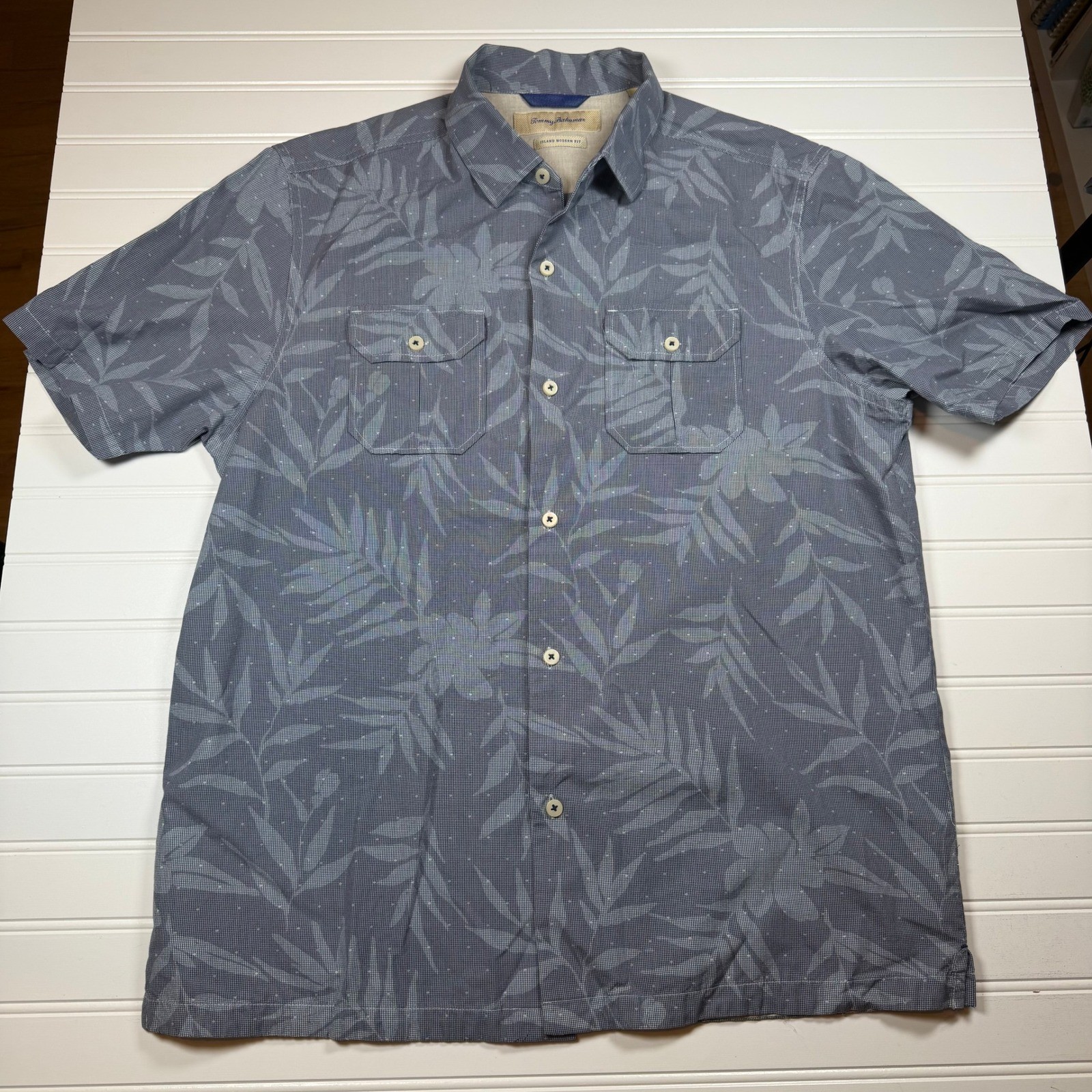 Tommy Bahama Mens Blue Tropical Leaf Cotton Silk Island Modern Fit Shirt Medium