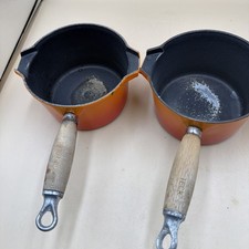 2 X Le Creuset Cast Iron Saucepan Milk Pan Volcanic Orange  Wooden Handle 16cm