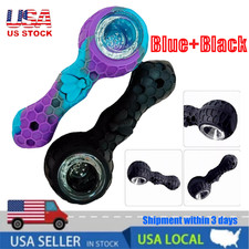 2 Pcs (Blue+Black) SILICONE PIPE 4.3" W/ GLASS BOWL -HoneyComb Bee