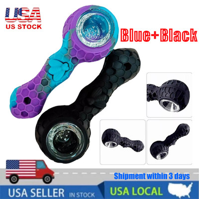 2 Pcs (Blue+Black) SILICONE PIPE 4.3'' W/ GLASS BOWL -HoneyComb Bee
