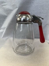 Federal Housewares Glass Syrup Pitcher with Red Bakelite Handle & Lid