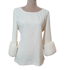 Alfani Womens Cream Faux Fur Cuff Belted Long Sleeve Blouse Top Size M Christmas