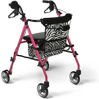 Medline Posh Premium Lightweight Aluminum Rollator Walker, Pink & Zebra Print