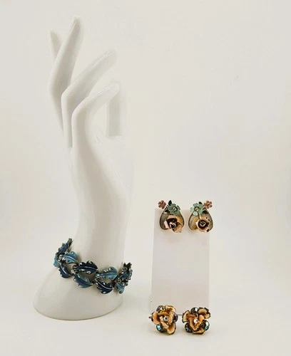 Vintage Costume Jewelry Lot Coro Bracelet Blue Enamel Earrings 1950s-60s