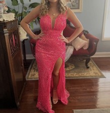Pink Sequin Sleeveless Long Gown V-Neck Side Slit Formal Party Dress Women