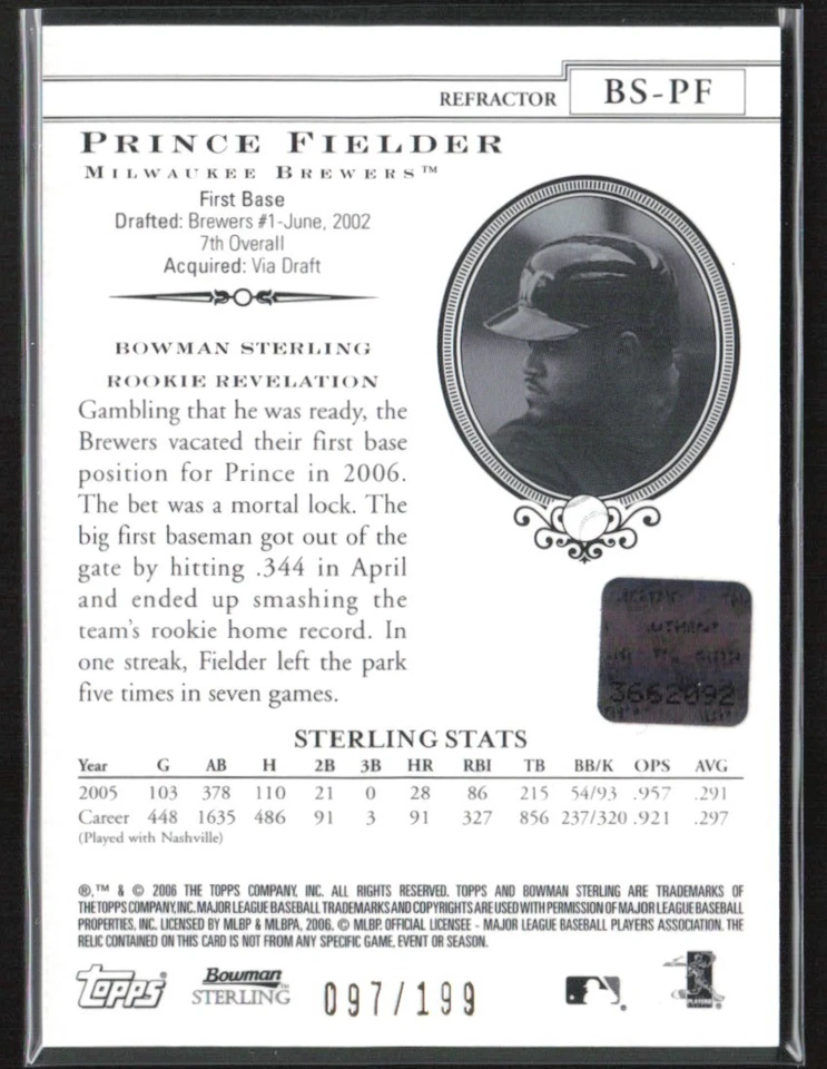 Prince Fielder 2006 Bowman Sterling Refractor RC Auto /199 Jersey #BS-PF - Image 2 of 2
