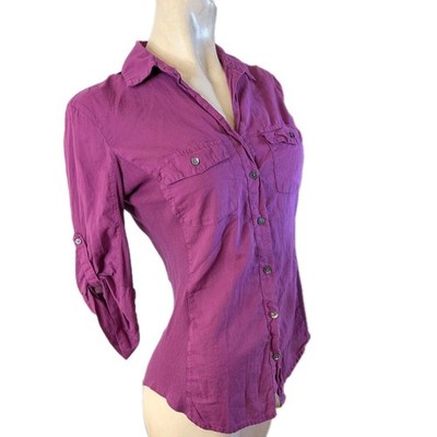 James Perse Top Button Up Purple Shirt Woman's Size 3 Pockets Roll Up Sleeve 