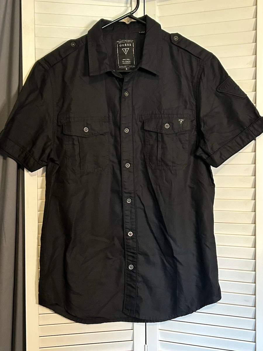 GUESS Negro Tejido Sólido Mezcla de Algodón Para Hombres Cuello Punto S Mangas Cortas Bolsillos