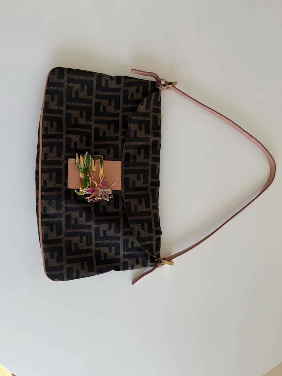 FENDI ZUCCA BAGUETTE ENAMEL FLOWER ORCHID BAG PURSE LIMITED