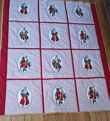 New USA Hand Made Wall Hanging/Lap Quilt -Santa Panel -Red White 47'' x 56''