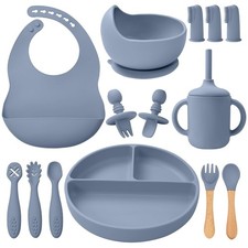 14 PCS Silicone Baby Feeding Set Spoon Suction Bowl Plate Bib Blue Gray