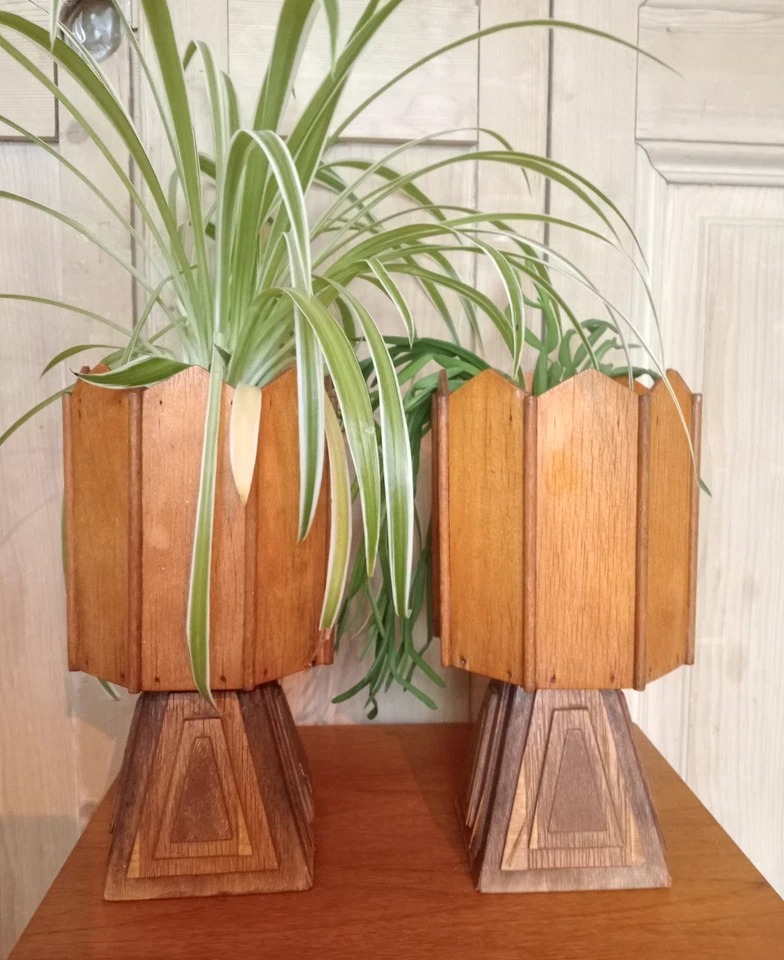 PAIR OF ART DECO PLANT HOLDER STANDS VINTAGE ANTIQUE SOLID OAK AND PLY DETAILS - Image 3 of 4
