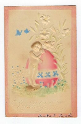Early 1900's Easter Postcard  Child And An Egg Illustrated Postcard - Embossed