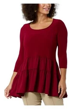 Nina Leonard 3/4-Sleeve Tunic with Tiered Ruffle Detail Crimson