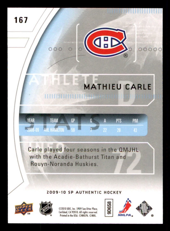 2009-10 SP Authentic #167 Mathieu Carle RC /999 (ref 239848) - Image 2 of 2