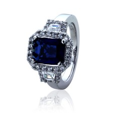 Women Silver Rhodium Plated 2.5ct Radiant Blue Sapphire CZ Anniversary Ring