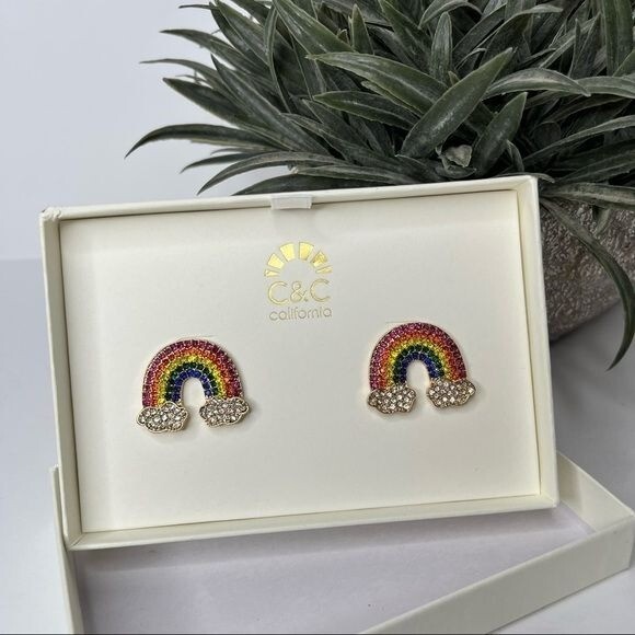 Rainbow Rhinestone Pierced Post Earrings Gold C&C California New in Box
