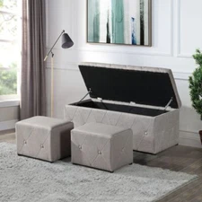Rectangle Velvet Ottoman Storage Bench Footrest W/2 Ottomans Beige For Hallway