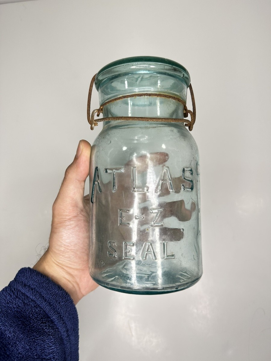 VINTAGE HALF GALLON ATLAS E-Z SEAL FRUIT JAR WITH BLUE GLASS LID