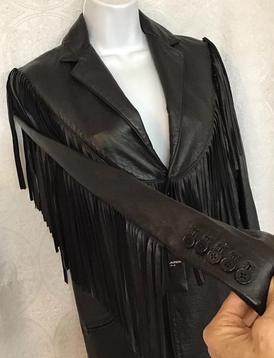 Saint Laurent Jacket Black Western Style Leather Fringe Size F-34