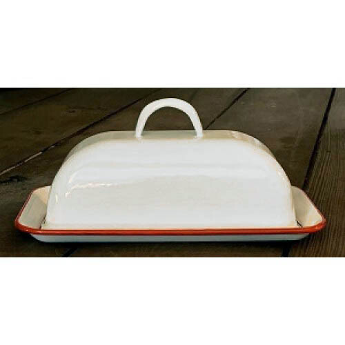 Enamelware White COVERED BUTTER DISH with RED Trim Farmhouse