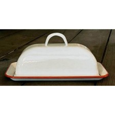 Enamelware White COVERED BUTTER DISH with RED Trim - Farmhouse - Retro Look