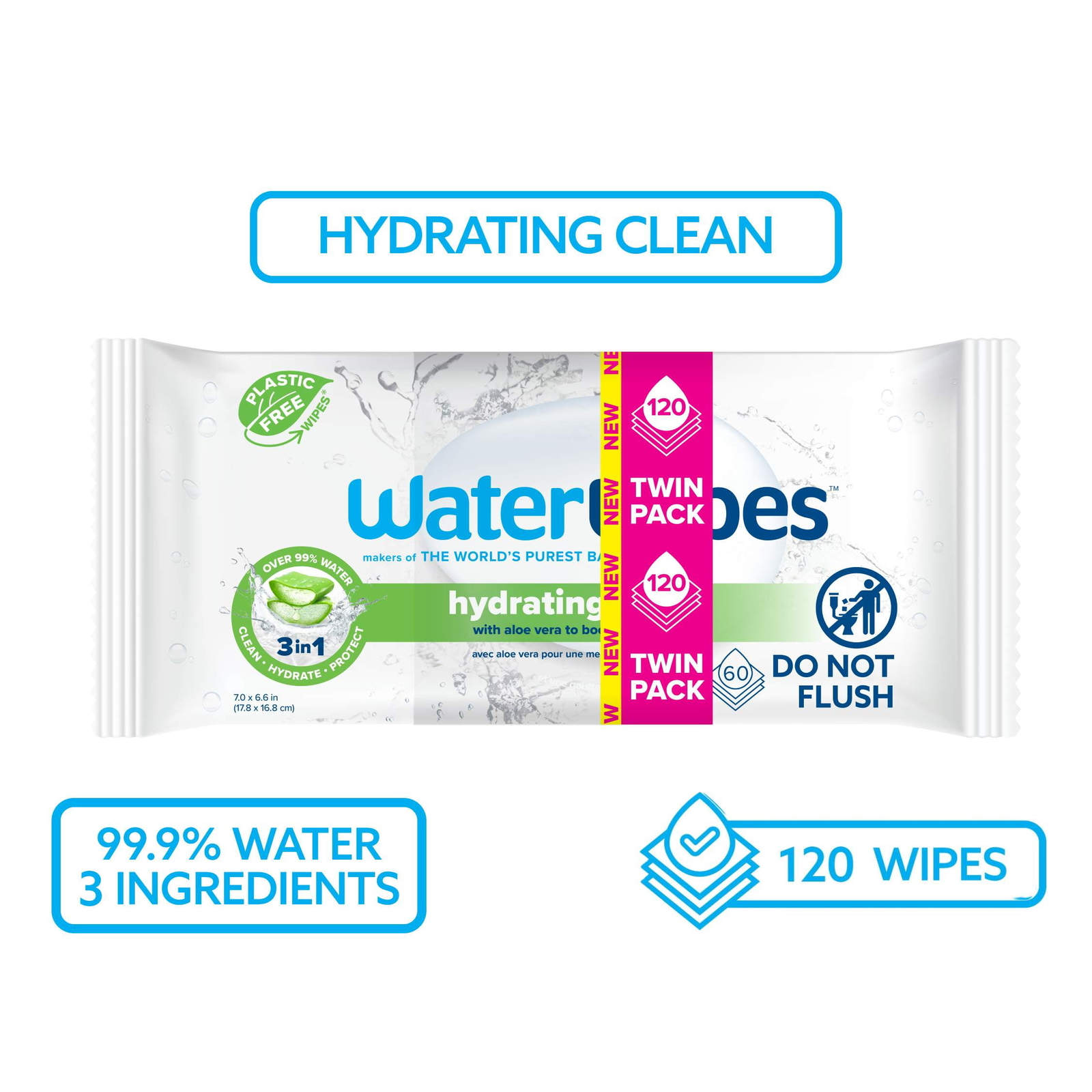 WaterWipes Hydrating Clean 99% Water Based Aloe Vera Baby Wipes, 120 Count