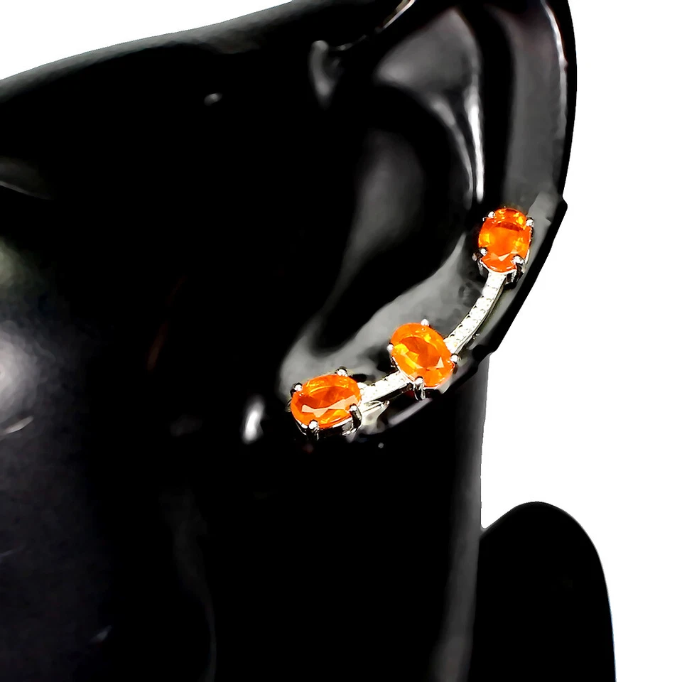 Orecchini In Argento Sterling 925 Ovali Con Opale Di Fuoco Arancione Gemma 7x5mm - Immagine 2 di 4