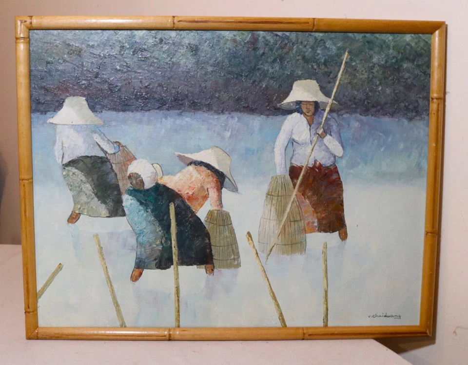 оригинальная винтажная тайская картина маслом V. Chaiduang импрессионизм дамы рыбалка искусство - Изображение 2 из 4